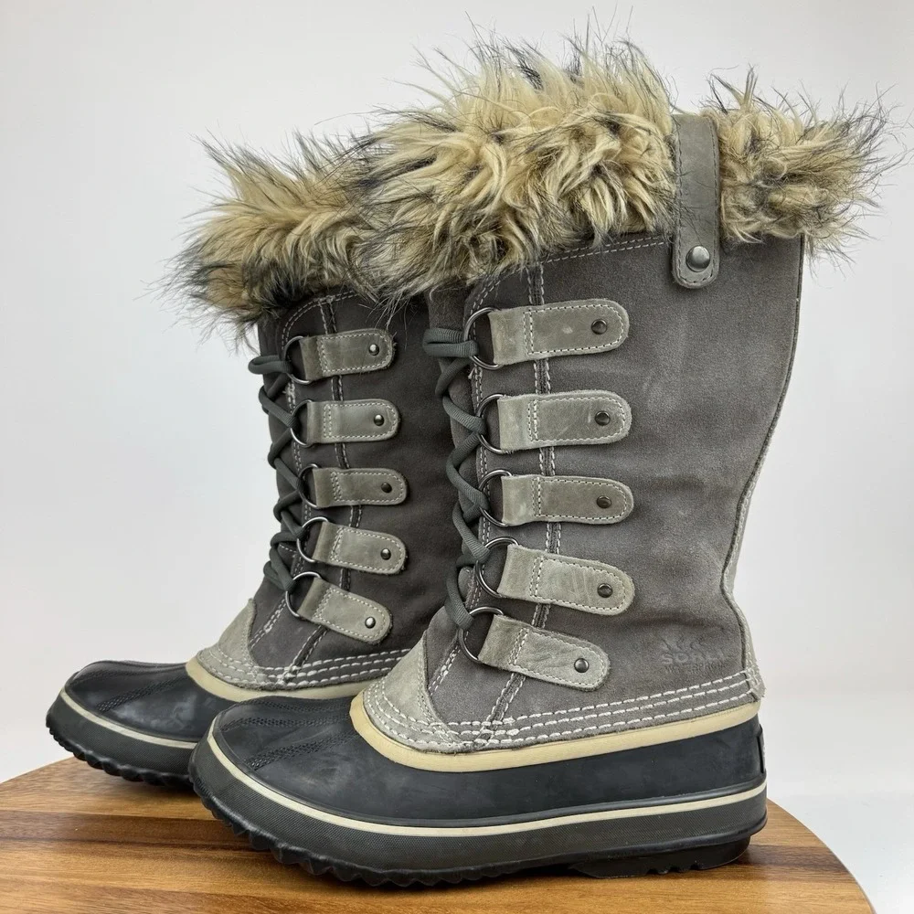 Womens Sorel Joan of Arctic Faux Fur Gray Leather Waterproof Snow Boots Size 7 M